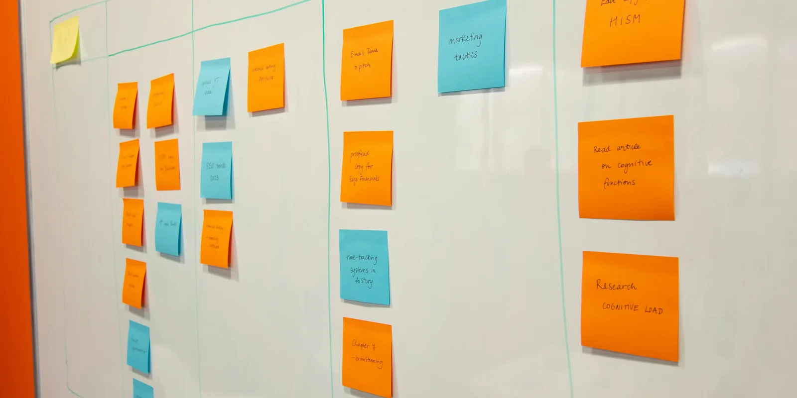 Whiteboard mit Notizzetteln in Spalten