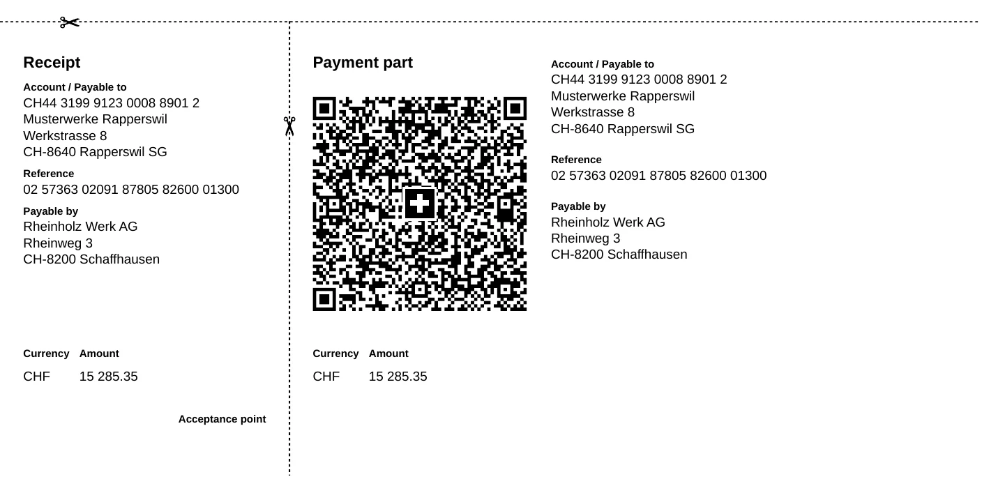 Payment part of the QR-bill from Musterwerke Rapperswil for CHF 15'285.35