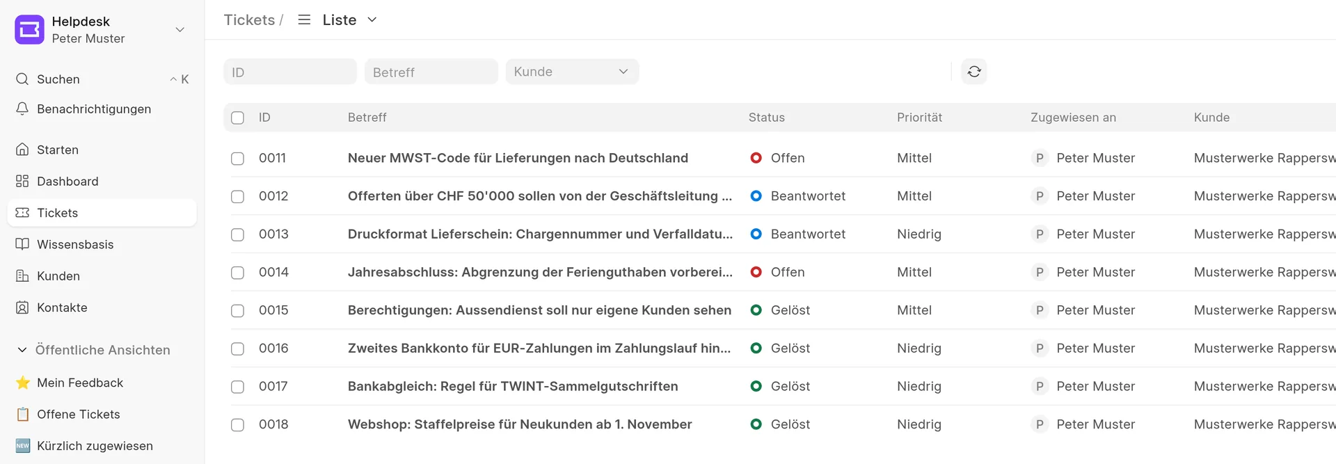 Ticketliste im Helpdesk mit offenen und gelösten Supportanfragen